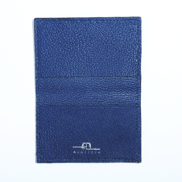 Porte-cartes pliable en cuir de saumon bleu mat et cuir de chèvre bleu marine